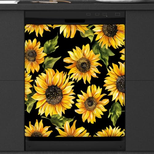 Watercolor Sunflower Dishwasher Magnet Cover for Door Front, Dishwasher Panel Decal Vintage Reuseable Refrigerator Magnet Cover Decal Fridge Stickers Home Decor, 23 x 26 Inch
