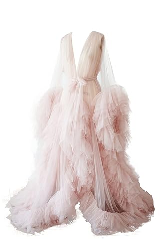 BATHGOWN Sexy Illusion Long Lingerie Tulle Robe Nightgown Bathrobe Sleepwear Bridal Robe Wedding Scarf - Medium - Pink