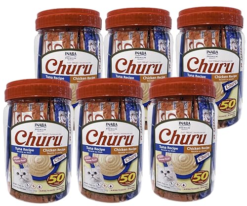 INABA Churu Cat Treats, Grain-Free, Lickable, Squeezable Creamy Purée Cat Treat/Topper, (50 Count Pack of 6) (300 Tubes Total)
