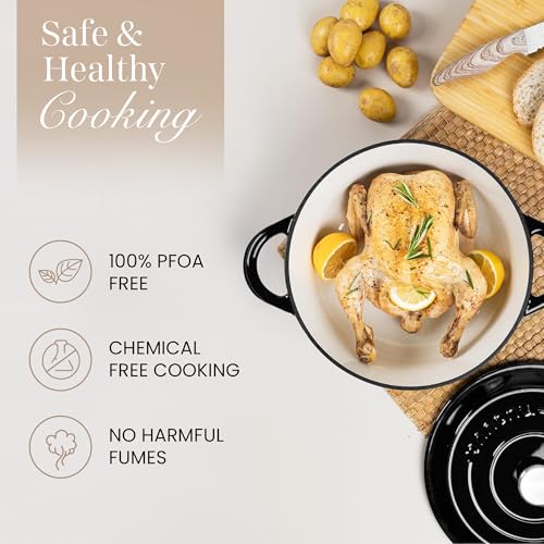 Image of Cast Iron Pot with Lid-Non-Stick Ovenproof Enamelled Casserole Pot, Oven Safe up to 500 F-Sturdy Dutch Oven Cookware - Black, 5-Quart, 24cm-by Nuovva