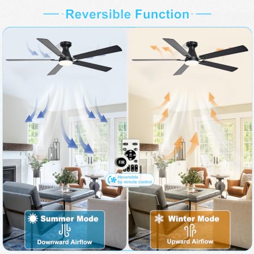 Image of Depuley Modern Ceiling Fan with Light: 60-Inch Black Flush Mount Fandelier | Bedroom Indoor Outdoor Use, 5 Reversible Walnut Blades, 6 Fan Speeds, Timing Function, Dimmable 3CCT, Remote Control Included
