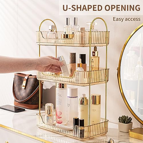 Image of Akinbas 3 Tier Bathroom Organizer Countertop Makeup Perfume Tray Skincare Organizer for Bathroom Dresser Vanity (Gold)