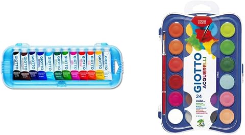 Giotto Tubetti Tempera 7,5 Ml-Assortito-3025 00 (Conf.12), 49658X & Acquerelli In 24 Colori, Pastigle Da 30Mm, Con Pennello