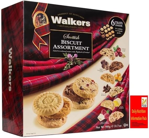 تشكيلة البسكويت الاسكتلندي من Walkers Shortbread، صندوق 900 جرام، بسكويت متنوع مع حزمة zamfoods nurtirion | 54 ملفات تعريف الارتباط، 6 أصناف وحزم مفيدة | هدية عيد الميلاد والآباء والأمهات (1، 900 جرام)