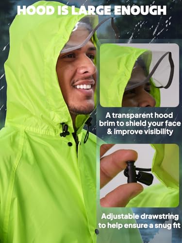 Anyoo unisex wodoodporny, lekki płaszcz przeciwdeszczowy długie ponczo z kapturem, kieszenie, idealny dla wędrówek z plecakiem, piesze kemping, limonkowa
