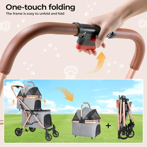 MAMIZO Doppelter Hundebuggy, Haustiere Buggy bis 15 kg, Faltbar 2 Etagen Hundewagen, Katzenbuggy für 2 Etagen mit 4 PCS verschleißfeste PU-Räderr, Hundebox Transporttasche, Grau