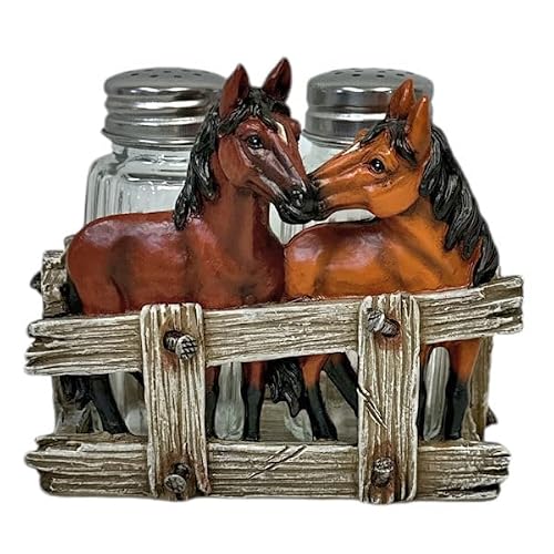 The Bridge Collection Horse Salt And Pepper Shaker Set - Rustic Farmhouse Kitchen Decor With Horses In Fence Design - Country Western Tabletop Accent For Horse Lovers
