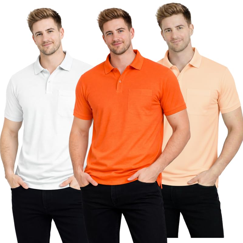 Image of SMAN Polo Neck T-Shirt Pack of 3 for Men & Boys | Half Sleeve Collar Tee with Pocket | Premium Spun Matty Fabric | Casual & Office Wear | Sizes M to 2XL | FX PO3 MCR ORN PCH
