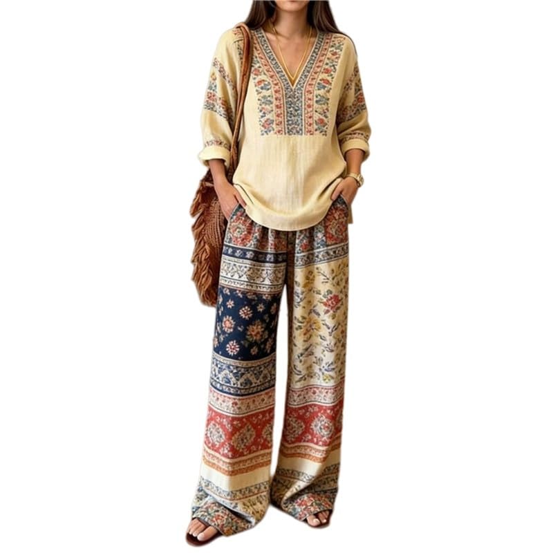 Ensemble fleurs imprimé col V au style bohème fluide avec t-shirt manches longues ample