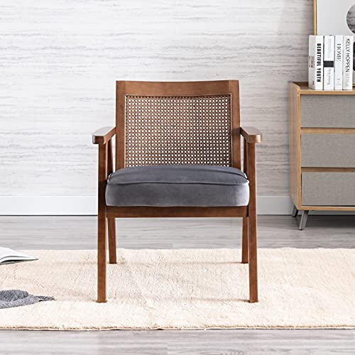 Modern Cane Back Living Room Chair, Accent Arm Chair With Nature Solid Wood Frames In Walnut, Modern Living Room Arm Chair, Gray #TOP1