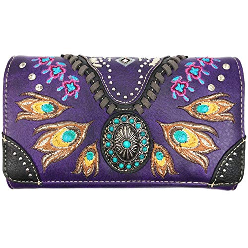 Zelris Turquoise Concho Peacock Feather Women Crossbody Wrist Trifold Wallet