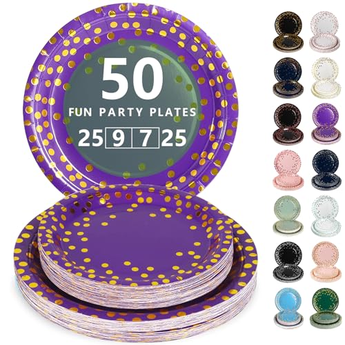 Nkaiso Assiette Jetable Anniversaire, 50 Pièces Violet Or Vaisselle en carton - 25 Assiettes Plateaux 23cm & 25 Assiettes Dessert 18cm - Pour Mariage, Anniversaire &...