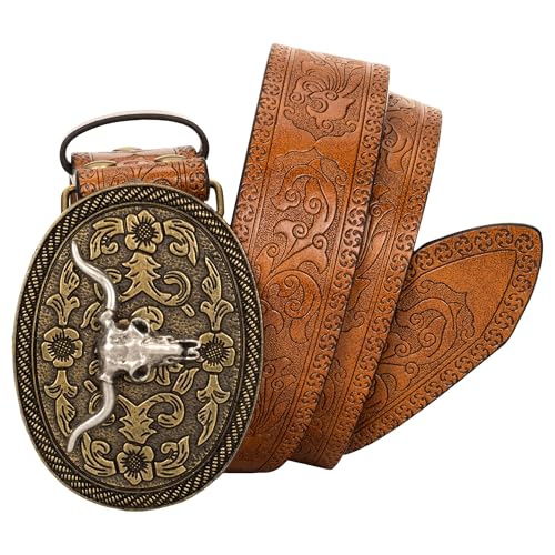 Image of Western Cowboy-Belts for Women Big-Buckle Longhorn-Bull PU-Leather Rodeo Cowgirl-Belt Engraved Floral - Waist 25-38 inch
