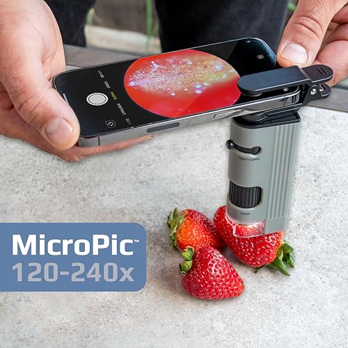 Image of Carson MicroPic 120x-240x Magnification, High-Resolution LED Pocket Microscope with Smartphone Adapter Clip for Digiscoping, Educational STEM Tool (MP-400)