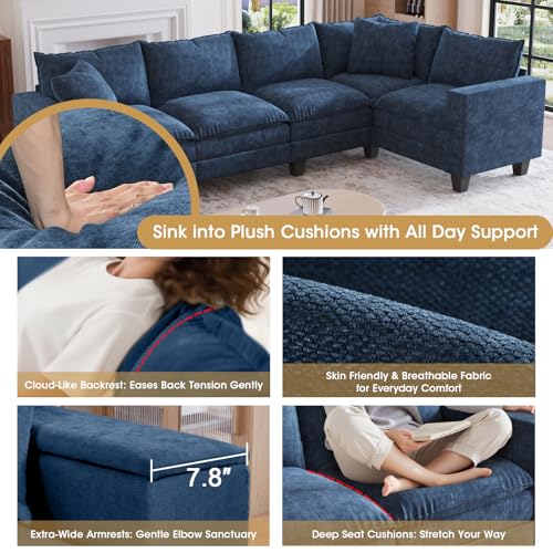 Image of 126 inch L Shaped Sectional Couch, Comfy Chenille Cloud Couch, 5 Seat Modular Cloud Sofa with 2 Pillows & Storage Armrests, Convertible V Shaped Corner Couch, Sectional Couches for Living Room, Blue