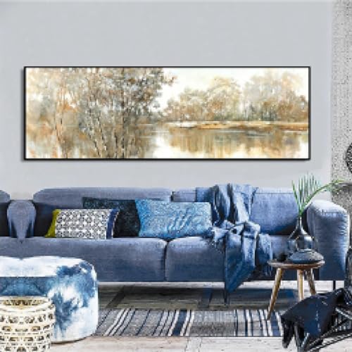 Peinture à l'huile contemporaine pour salon avec arbres et lacs en grand format