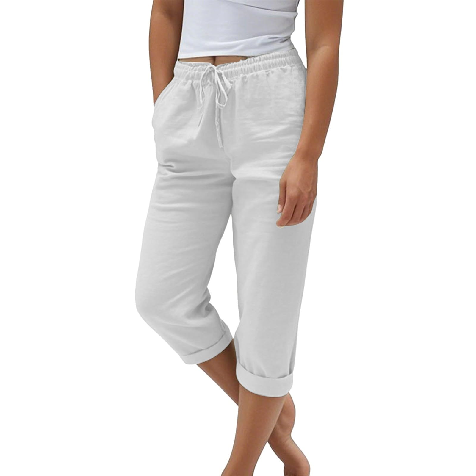 Pantaloni estivi da donna, leggeri, 7/8, in lino, a gamba dritta, con elastico, in tinta unita, per il tempo libero, per viaggi, vita quotidiana e relax