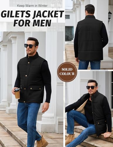 Lonya Weste Herren Winter Wasserabweisend Steppweste Leicht Ärmellose Jacke Fleeceweste Stehkragen Thermoweste Wärme Arbeitsweste Bodywarmer Vest Outdoor mit Taschen, Schwarz, L
