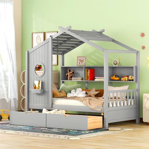 Image of Modern Twin Size House Bed with Roof and Window, Wooden Daybed Frame with Shelves and 2 Drawers,Bedroom Furniture for Girls & Boys (Gray+2 Drawers /)