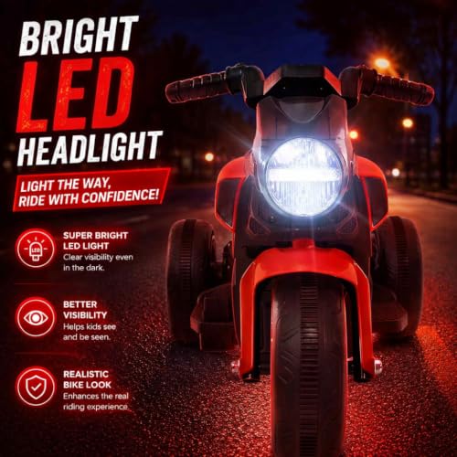 Image of MEKASHI 6V Electric Ride-On Bike for Kids | Racing Red | Battery Operated Motorcycle with Bluetooth Music, LED Headlight, Foot Accelerator & Training Wheels | Ride-On Toy for Boys & Girls 1-4 Years