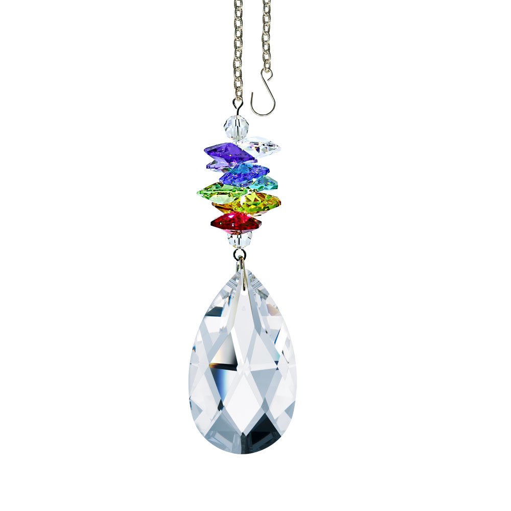 Crystal Suncatcher 3 inch Crystal Ornament Clear Faceted Almond Prism Colorful Cascade Prisms Rainbow Maker Made with Genuine Swarovski Crystals