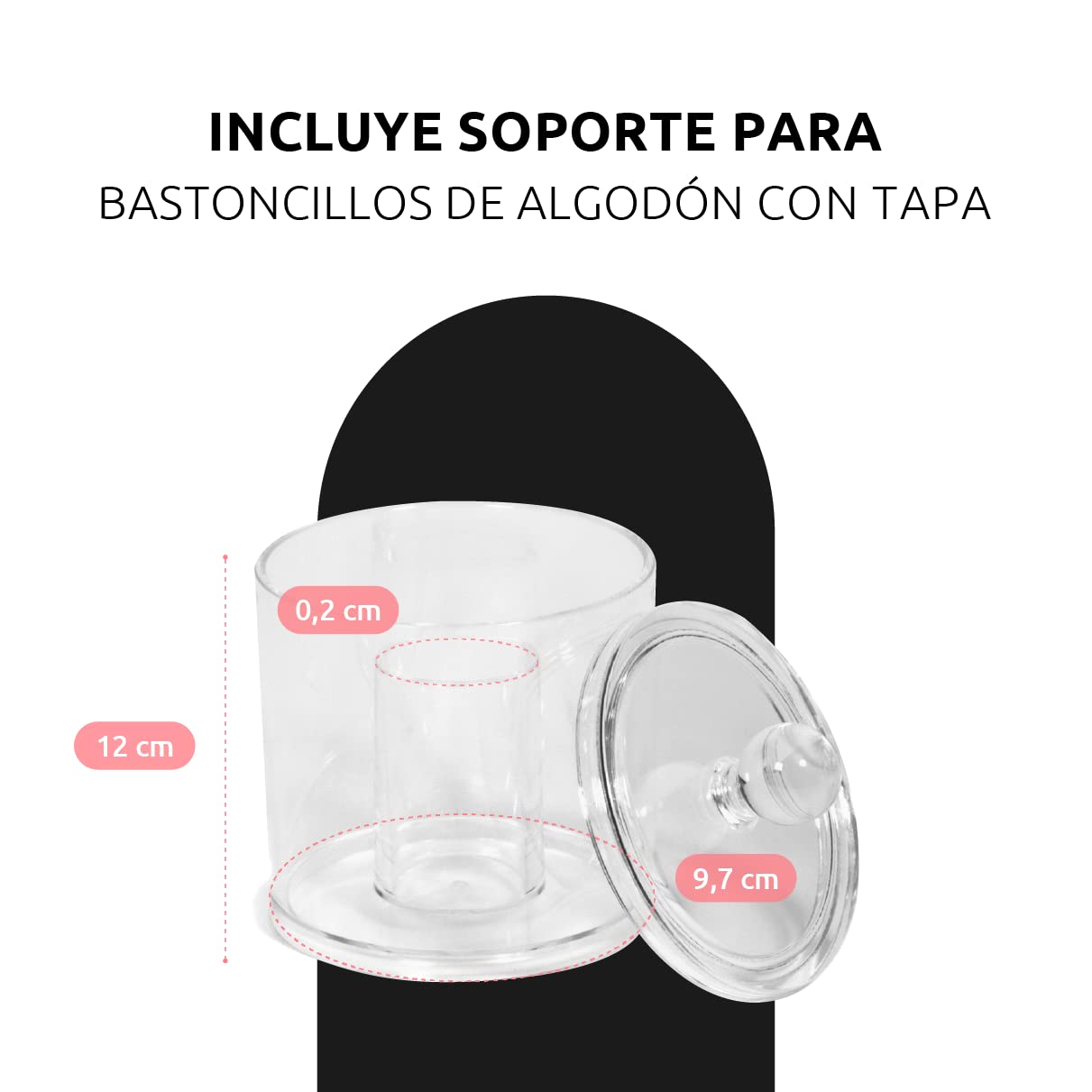 Compactor Dispensador de algodones con tapa. Color transparente. Fabricado en poliestireno. Tamaño: Ø 9,7 x H. 12 cm. RAN5058