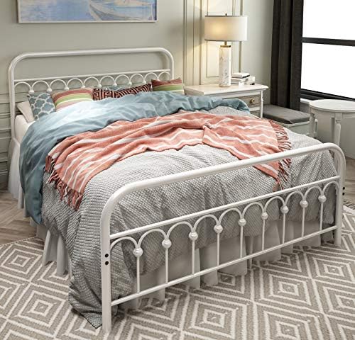TUSEER Metal Bed Frame Queen Size with Vintage Headboard and Footboard Platform Base Wrought Iron (Grayish White)