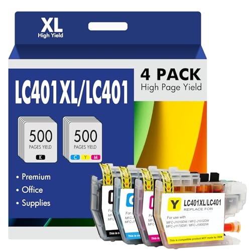 LC401XL LC401 MFC-J1010DW Ink Cartridges for Brother Printer 401XL LC 401 for MFC-J1010DW MFC-J1170DW MFC-J1012DW MFC-J1800DW MFC J1010DW - 4 Pack High Yields Black Cyan Magenta Yellow