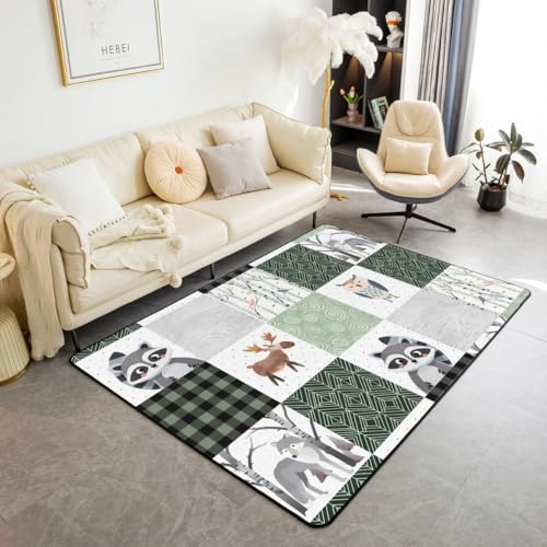 Homewish Tapis Salon 100x150cm Mouse,Tapis Chambre Loup,Tapis Sol Enfants Garçons Filles Hibou Raccoon Oiseaux Patchwork Treillis,Décoration D'Intérieur...