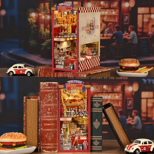 Image of fifijoy Book Nook Kit - DIY Miniature House Dollhouse Kit for Adults and Teens, Booknook Retro Diner Bookshelf Decor 3D Wooden Puzzle with LED Light, Gifts for Family and Friends (1950s Diner)