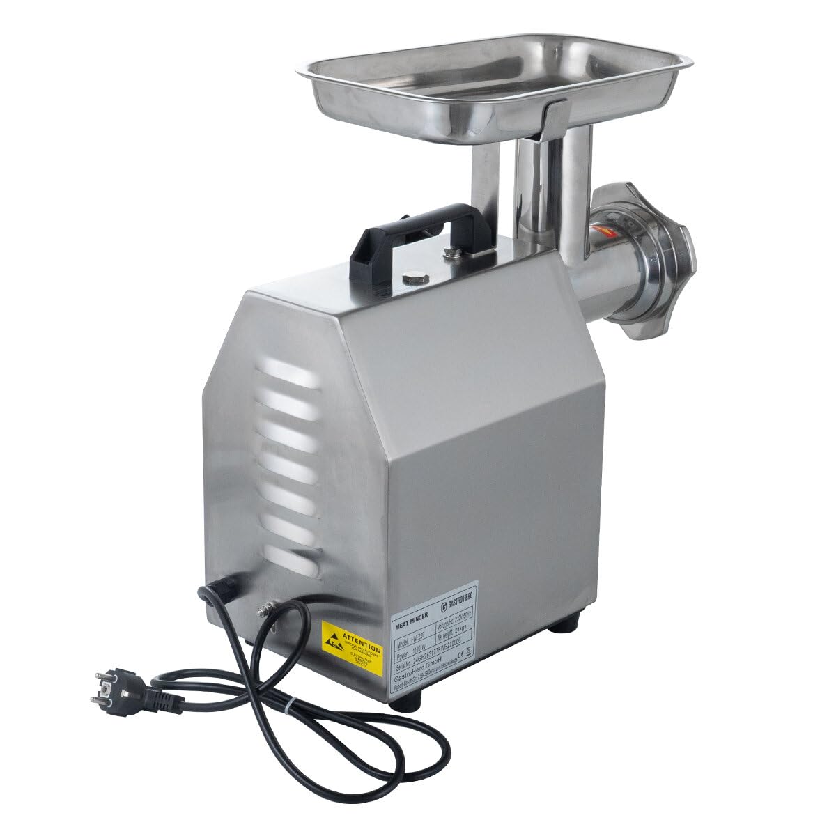GastroHero Fleischwolf, 220 kg/Stunde, Edelstahl FWE220 | 2 Lochscheiben Ø 6 mm & Ø 8 mm, multifunktional, Hackfleisch, Pasteten oder Brotaufstriche, einfache Handhabung, 46x23x47 cm