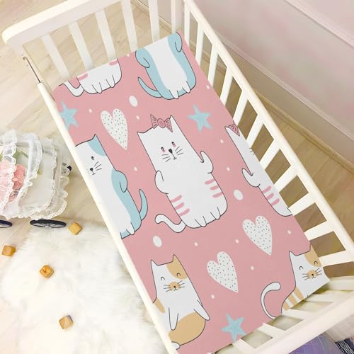 Image of Cute Cat Crib Sheets Stretchy Portable Sheets for Baby Toddler Breathable Soft Crib Mattress Sheet for Girls Boys