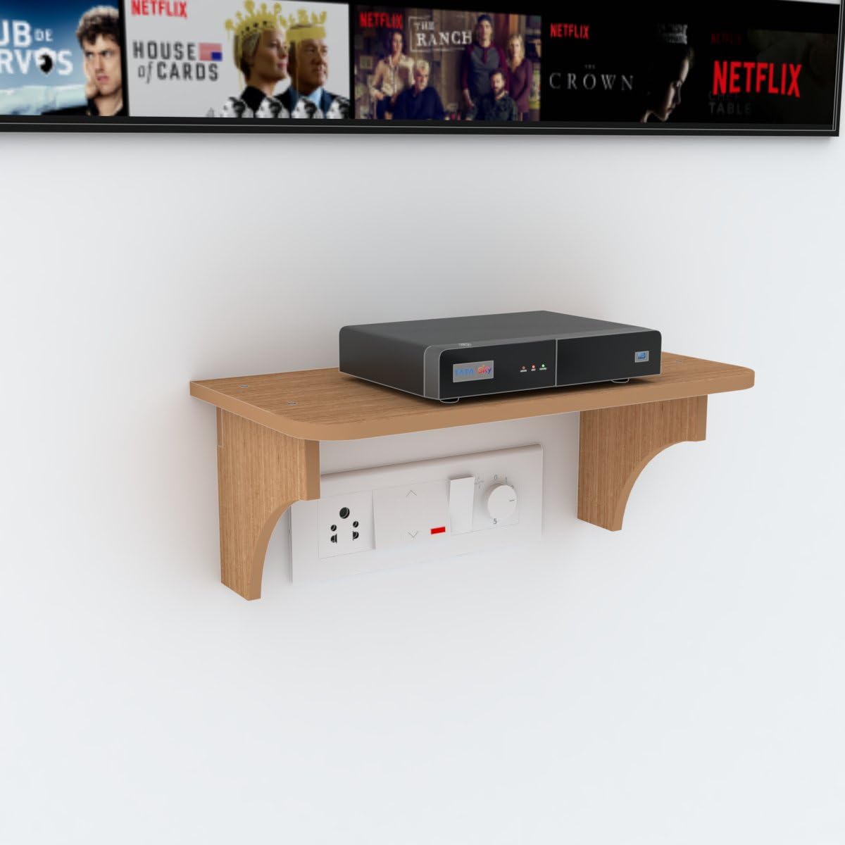 Invenzo - The Innovative Furniture Set Top Box Stand | Wifi Router & Mobile Charging Shelf | Multipurpose Decorative Stylish Wall Mounted Shelf In Elegant Teak Color