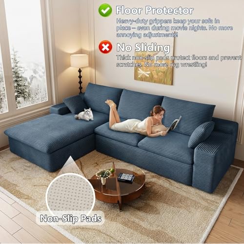Image of 107 inch Cloud Couch Modular Sectional Sofa for Living Room, L-Shape Boneless Couch with Deep Seat, Modern Corduroy 3-Seater, No Assembly Required (Blue,Left-Facing Chaise)