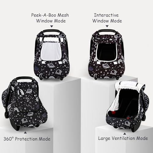 Image of Winter Car Seat Cover Baby with Sunshade & Dual Zipper Windows - Minky Bubble Lined Windproof Soft Shell, Warm Newborn Car Seat Canopy Covers, Elastic Bottom for Stroller & Infant Car Seat, Space