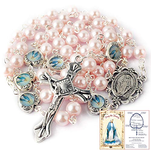 HanlinCC Glass Pearl Beads with Miraculous Epoxy Heart Metal Beads Rosary Necklace pack in Velvet Gift Bag with Rosary Pray Card (Pink)