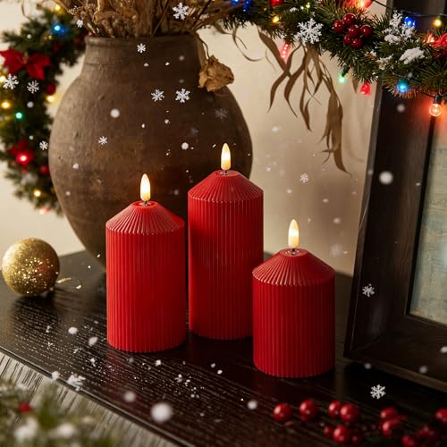 Image of LUSHARBOR Flameless Candles with Remote, Battery Operated Candles Real Wax LED Fake Pillar Candles with Timer Flickering Flame for Wedding Home Party, Set of 3 Red