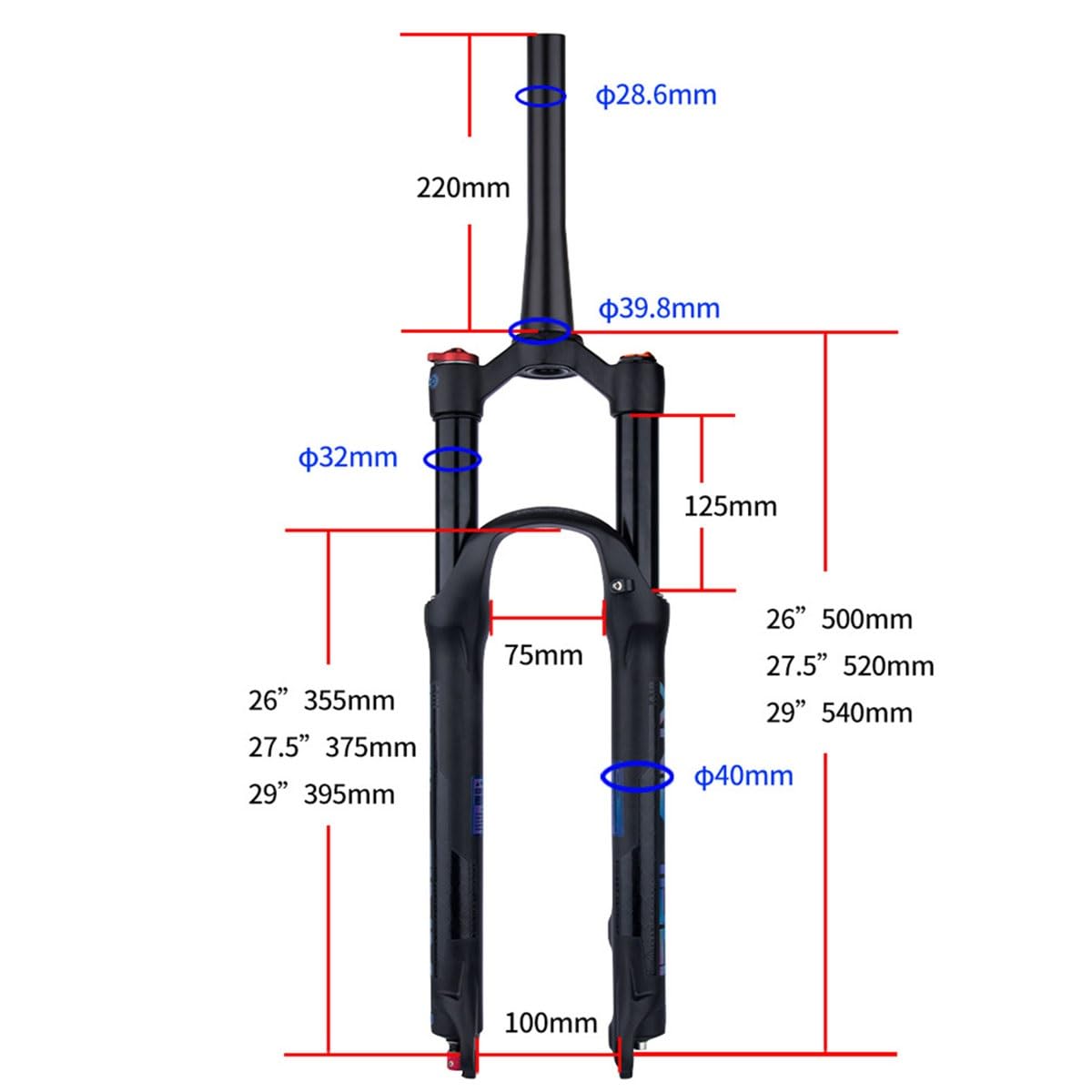 Widelec amortyzowany do rowerów górskich do 26/27,5/29 cali MTB zawieszenie pneumatyczne 100 mm skok sprężyny QR 9 x 100 mm zdalna blokada hamulec tarczowy stożkowy rura widelec rowerowy (kolor: złoty