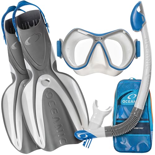OCEANIC Snorkel Set – Snorkeling Gear, Panoramic Wide View, Tempered Glass Scuba Diving Mask, Snorkel, Fins & Mesh Gear Bag
