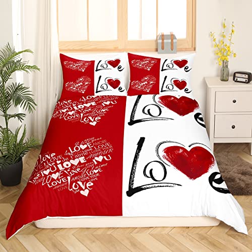 Housse de Couette pour Couple 140x200 Ensemble de Literie Love Heart Rouge Couvre Lit Mariage Romantique Cadeau de Saint-Valentin pour Les Filles et Les...