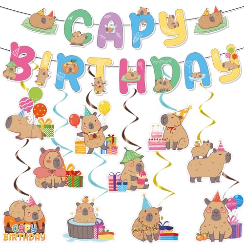 Image of Capybara Birthday Party Banners Hanging Swirls Decorations 12PCS | Capybara Party Banners 12pcs, Glitter Swirls Decor, Cardstock Pieces, Cute Capybara Theme, Birthday Party Decor for Kids