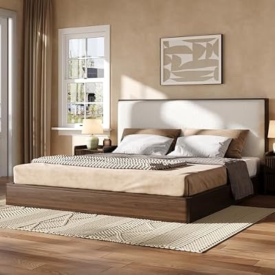 VilroCaz King Size Platform Bed with Bouclé Upholstered Headboard, Solid Wood Platform Bed Frame with Slats Support, Noise-Free Design, No Box Spring Needed, Easy Assembly (Walnut-6U, King)