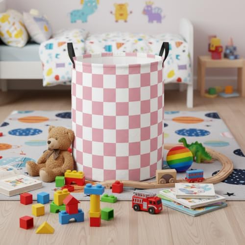 Image of Baby Laundry Hamper Basket Baby Hamper for Nursery Boy and Girl Cute Storage Bin Organizer Boho Room Decor(Pink Checkered)