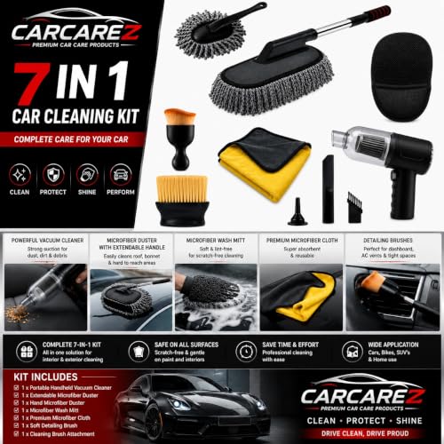 Image of 7 PCS Car Cleanig Kit with 3-in-1 Mini Vacuum Cleaner, Microfiber Cloth,Big Duster,Car Cleaning Anti-Fog Spray,Wheel Brush,AC Vent Brush&Interior Cleaning for velar,Truck