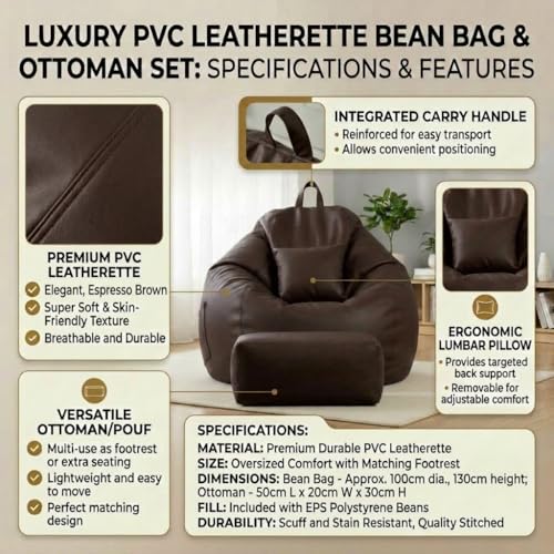 Image of KAM'S LIEU 5XL Luxury Faux Leather Bean Bag with Footrest & Cushion | Pre-Filled High-Density Polystyrene Beans | Premium Leatherette | 6 Months Warranty Color- (Brown, with Footrest)