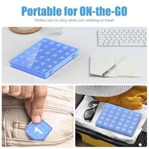 Image of Monthly Pill Organizer Once a Day - 30 Day Pill Organizer Box - Squeeze to Open - Large Compartments Portable Case for Travel, Month Pill Cases Medicine Organizer for Vitamin (Blue)
