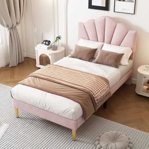 Sweiko Lit Velours Rembourré 90 * 200 cm cm,Lit Double Design Élégant en Forme de Coquille avec Pieds en Fer Doré, Tête de Lit Réglable Sommier à Lattes...