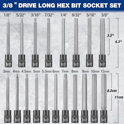 Image of WORKPRO 19 Piece Extra Long Hex Bit Socket Set, Premium S2 Bits | 3 /8 Inch Drive Bit, S2 Steel Long Allen Star Bits, CR-V Sockets, Storage Case, Use for Auto Repairing DIY Project