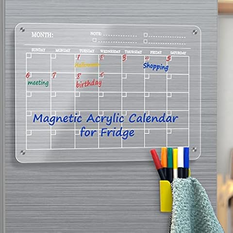 Magnetic Acrylic Calendar Board for Fridge 16”x12 Clear Acrylic Calendar Planner Board Reusable Calendar Whiteboard Includes 6 Dry Erase Markers with 6 Colors and Eraser (Calendar) Cover