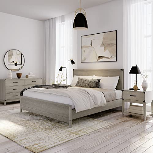 Plank+Beam Contempo Solid Wood King Bed Frame with Panel Headboard, Modern Platform Bed with Wood Slat Support, No Box Spring Needed, Seashell Wirebrush